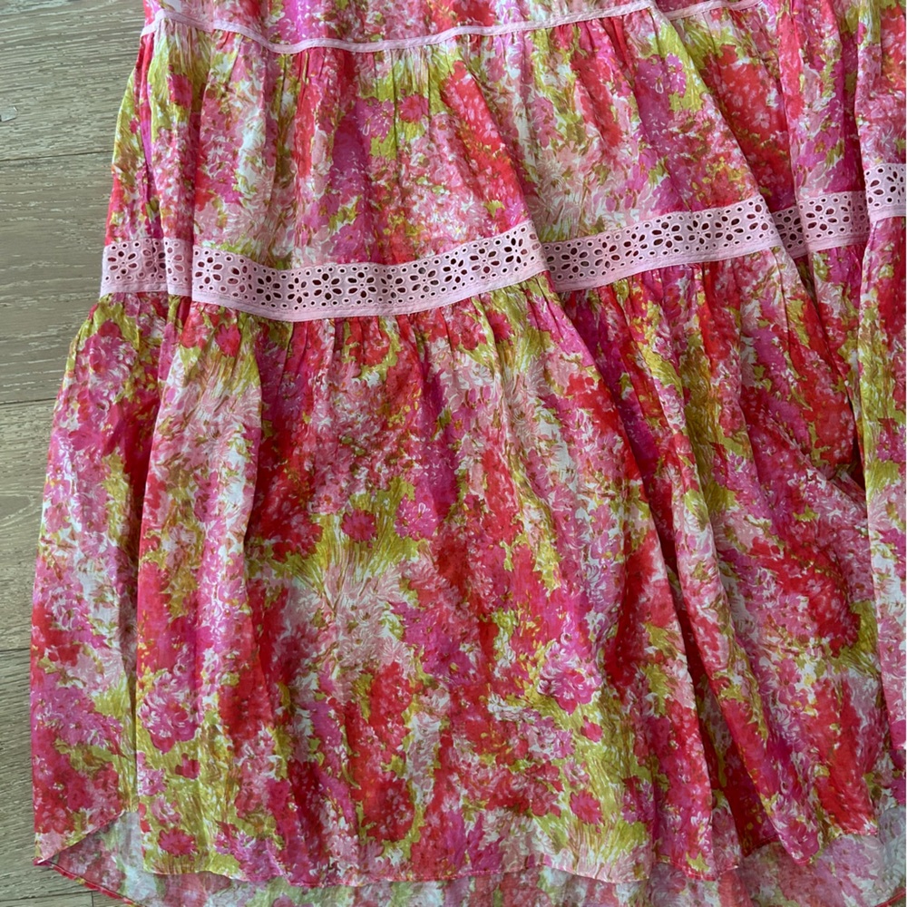 LoveShackFancy Madsen Floral Cutout Maxi Dress Pink Orange Tiered Cotton Silk L - Picture 10 of 12